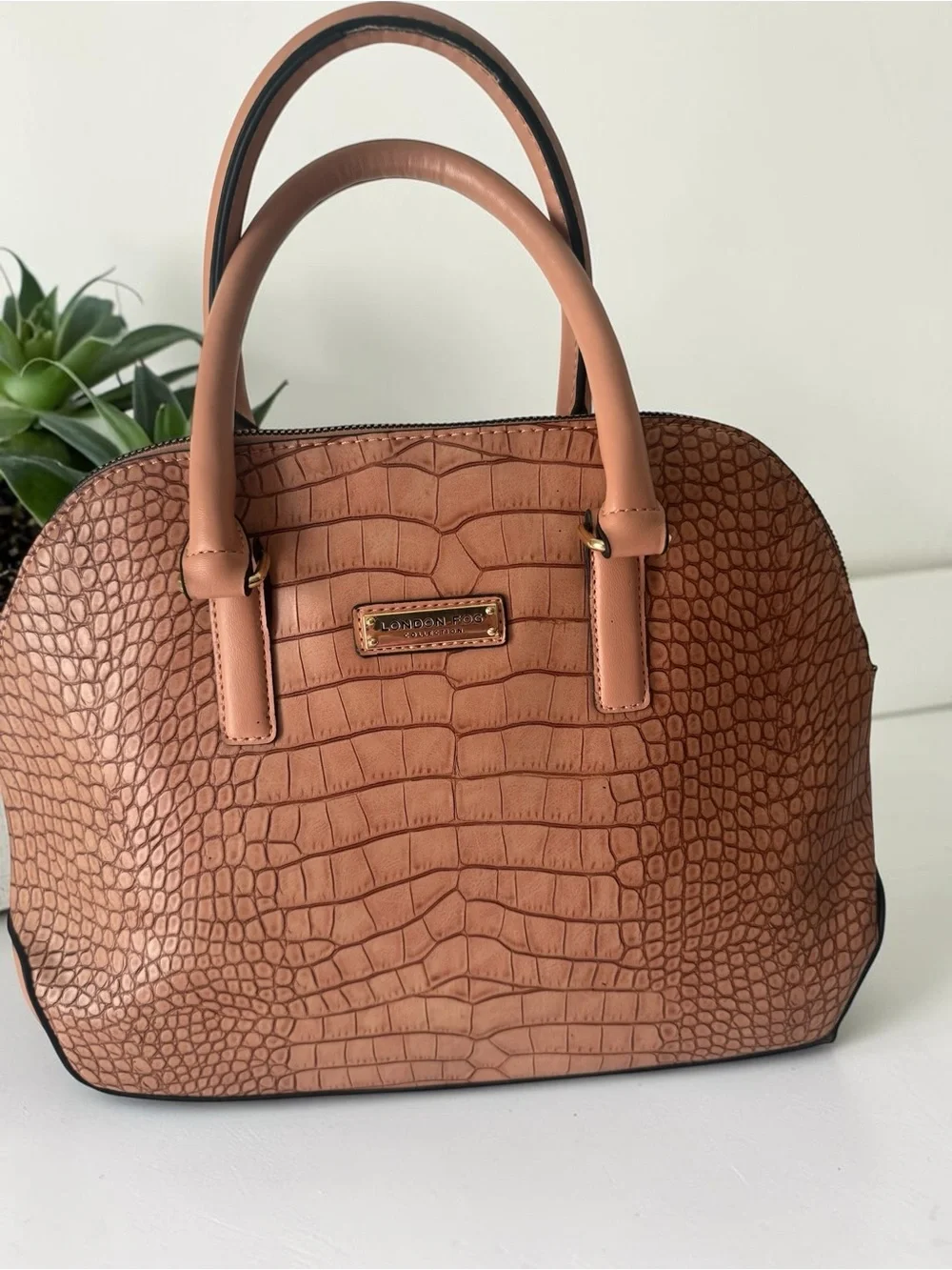 London Fog Vintage Tan/Nude Vegan Leather Croc-Embossed Satchel Gold Accents
